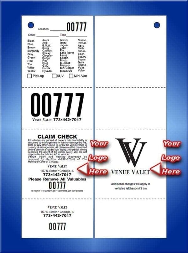 #CCVT4CVL-CB  4 Part Chicago Code Vehicle List Valet Tickets CB